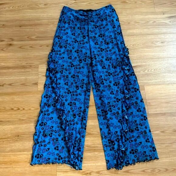 Anna Sui Womens Blue Ruffle Trim Field Flower Pants M Boho Festival Wide Leg - Picture 4 of 11